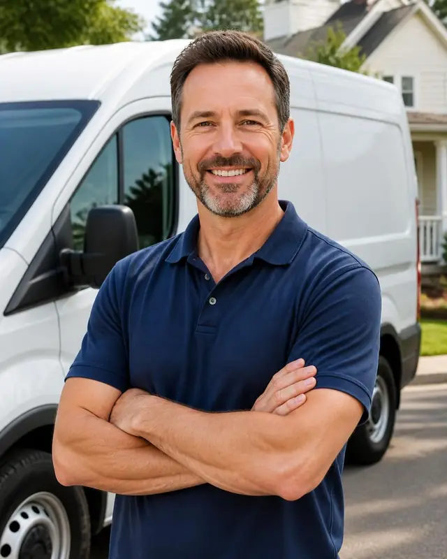 Ridge Line owner standing in front of a service van