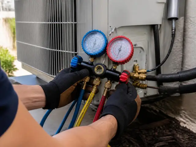 Technician attaching gauges to an AC unit