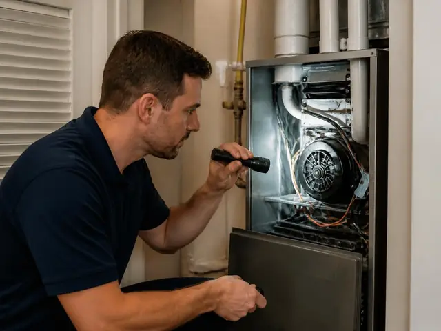 Technician inspecting a gas furnace